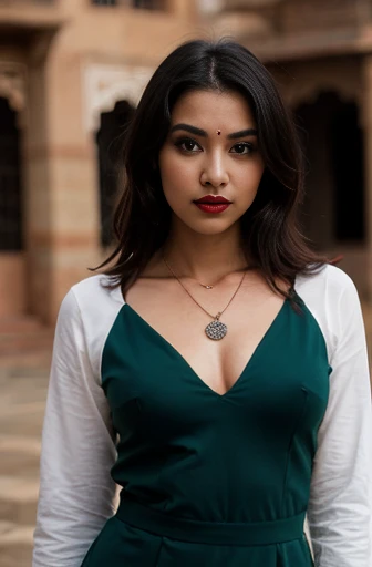 arab, dark skin, woman, medium-small breasts, black hair, green eyes, asian clothing, detailed shadows, HDR, photoreal, photograph, 8k, best quality, , black eyeliner, lipstick, necklace, full body picture, india