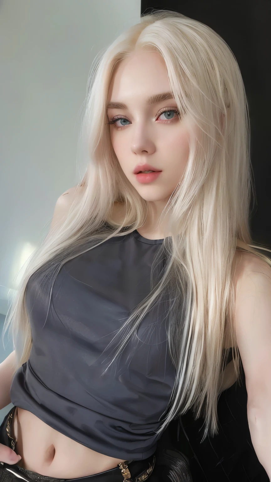 blond woman with long hair and a black top posing for a picture, ava max, angelawhite, perfect white haired girl, very very pale blond hair, her hair is white, extremely pale blond hair, anna nikonova aka newmilky, pale hair, long blonde hair and large eyes, yelena belova, pale white skin, with long white hair