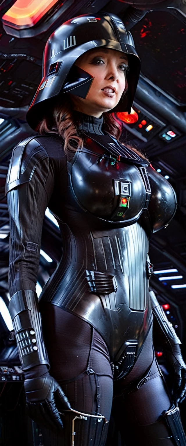 A lovely woman is portraying Darth Vader, dressed in a tight combat suit with a scary helmet, many indicator lights, she is on a scifi space ship, alluring and deadly
