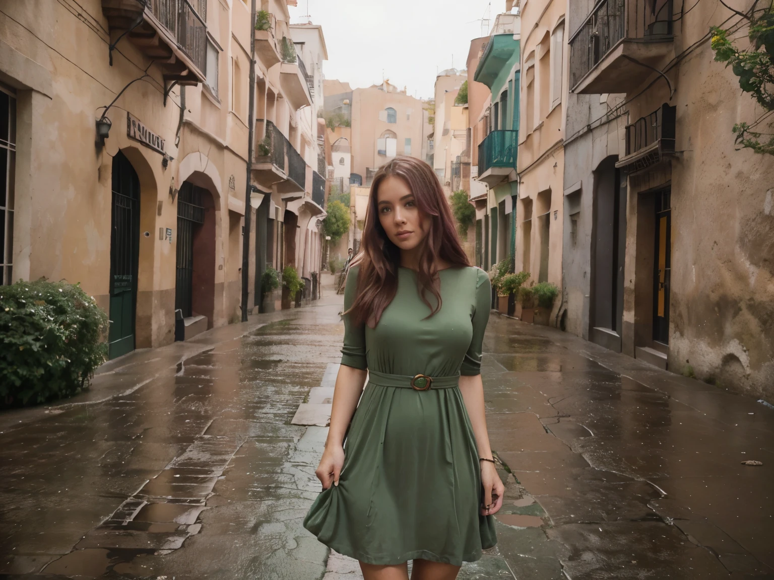 ((Una chica)),((mejor calidad)),((alto detalle)),((de pelo largo color rosa y color verde,con un vestido hermoso))
Ciudad de la era industrial, Deep canyons in the middle, architectural streets, bazares, puentes, rainy days, steampunk, arquitectura europea,