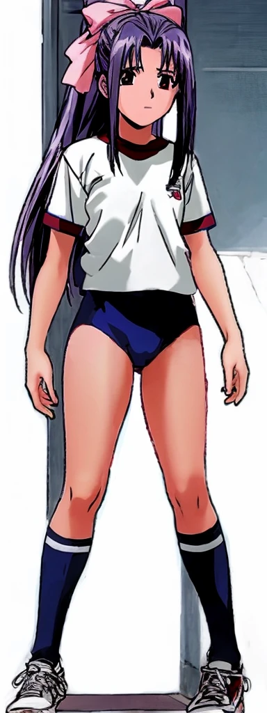 Momoko Koigakubo, a tall girl with beautiful legs, is wearing white gym clothes and light navy blue bloomers that look like panties, and is standing with her back to the camera, her legs spread to the sides, and a smile on her face.。