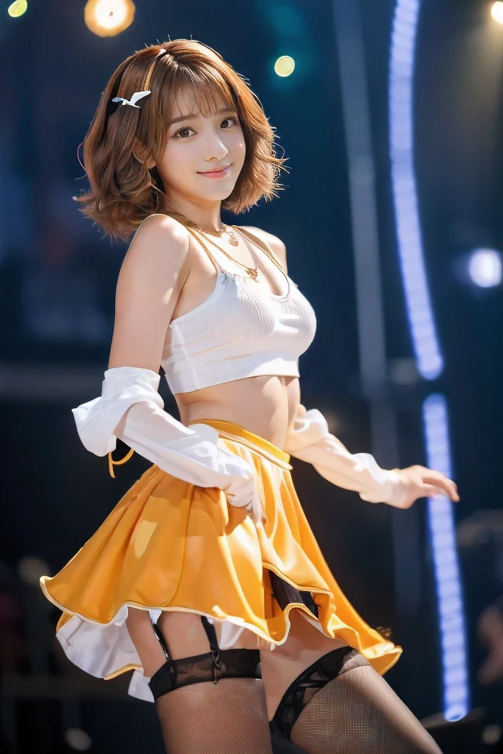 (An 18-year-old idol girl dancing on stage:1.5)、(Cute smile:1.2)、(The best quality at its best:1.4), (Super detailed), (Very detailed CG unified 16k), Beautiful woman with perfect figure: 1.4, Sharp focus: 1.2, Very detailed, High-quality RAW color photos, Professional photography, Great face and eyes, cosmetics, (Amazingly beautiful girl), ((Cute idol costumes:1.5)), Sexy posture，(View from below), Realistic movie faces, Full body long view from head to toe, Realistic, ((Realistic natural orange red hairstyle, Realistic blue eyes)), ( Short Bob Hair:1.5), (necklace:1.5)、, Very beautiful face, Perfect model beauty, Mouth swelling, Highly detailed face and skin texture, Fine grain, double eyelid, Medium chest, (masterpiece), highest quality, High resolution, Very detailed, Blurred Background, Depth of written boundary, Cinema Lighting, Great legs, , Clear, well-maintained skin,