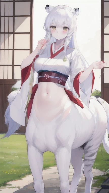 (best quality, masterpiece), 1 girl, centaur, It takes, White skin, Japanese , belly button t-shirt, 아름다운 소녀 perfect white tiger photo, perfect white tiger photo