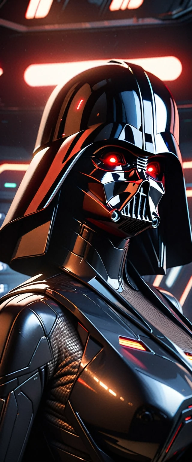 a lovely woman dressed as darth vader,detailed facial features,high-quality portrait,intricate combat suit,glowing indicator lights,photorealistic,science fiction,futuristic spaceship interior,dramatic lighting,intense expression,cinematic,hyper detailed,masterpiece