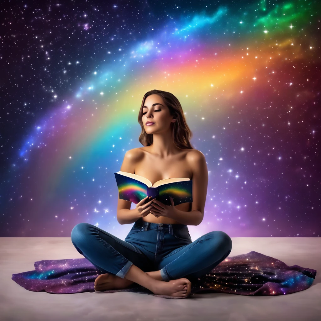 realistic photography of a topless woman sitting in the stars and reading a colored shining book, rainbow colored cosmic nebula sky background, stars, galaxies, high detailed, UHD