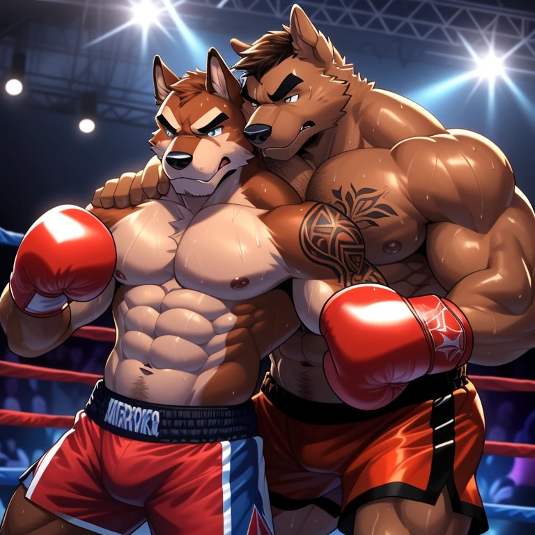 Two male boxing(Brown Dog vs Brown Dog, handsomes, perfect eyes, Thick eyebrows), gay(cuddling kneeling chin on shoulders, embraced from behind, on a boxing match), hot(Both are Shirtless), handsomes(They are handsomes, correct anatomy), musculosos(Big muscle bodies, Six packs, muscle abs, big pecs, muscle backs), sweaty(very sweaty wet bodies, shiny sweat), tatuajes(they have tattoos), Angry(They have an angry expression), Boxing gloves(They both are wearing red boxing gloves), boxing shorts(both are wearing boxing shorts), Hight resolution