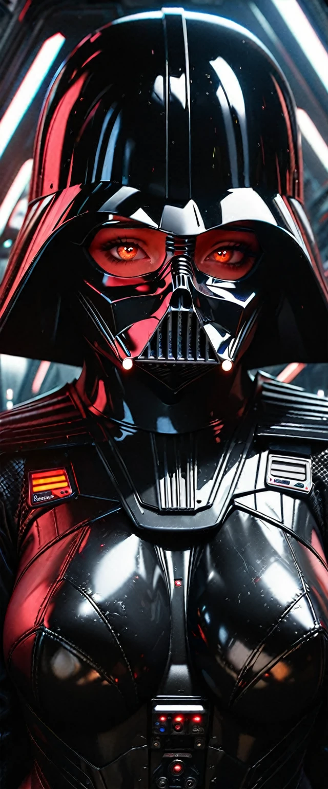 a lovely woman as darth vader,highly detailed female face and body, tight black combat suit, scary vader helmet with many indicator lights, on a futuristic sci-fi spaceship, dark dramatic lighting, cinematic composition, hyper realistic, 8k, photorealistic, masterpiece, professional digital art