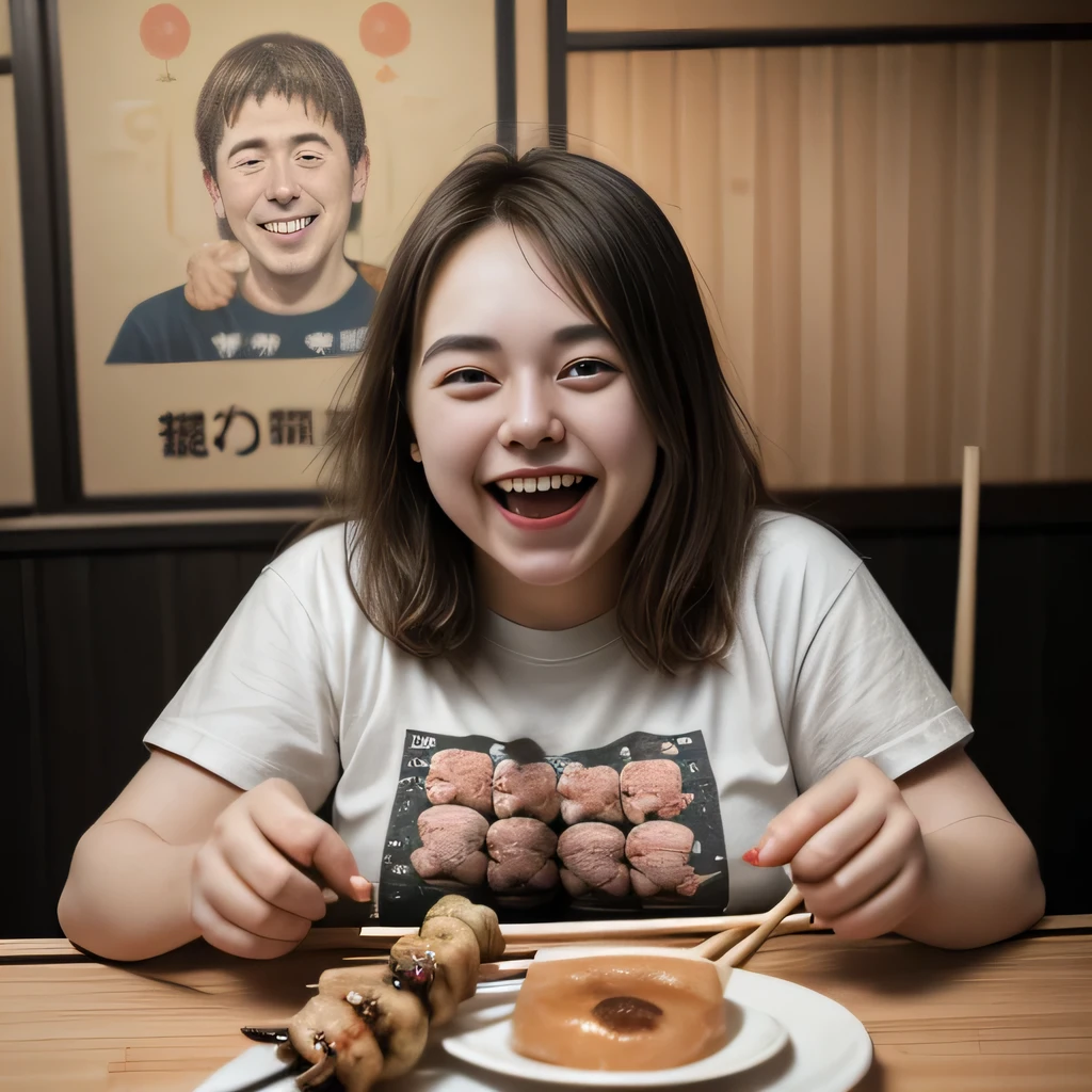 8K, realistic, masterpiece ,insanely detailed, absurd, (photogenic:1.3), (1girl, 20yo, round face), (chubby:0.7), (t-shirts),(laugh:1.4), (printed yakitori:1.3), cafe, sun light