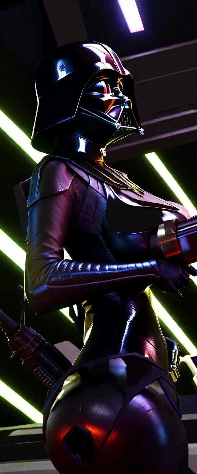 a lovely woman portraying darth vader, tight combat suit, scary helmet, many indicator lights, on a scifi space ship, alluring and deadly, 1girl, hyper detailed, photorealistic, cinematic lighting, dramatic, dark sci-fi, dramatic color scheme, moody, chiaroscuro, digital art