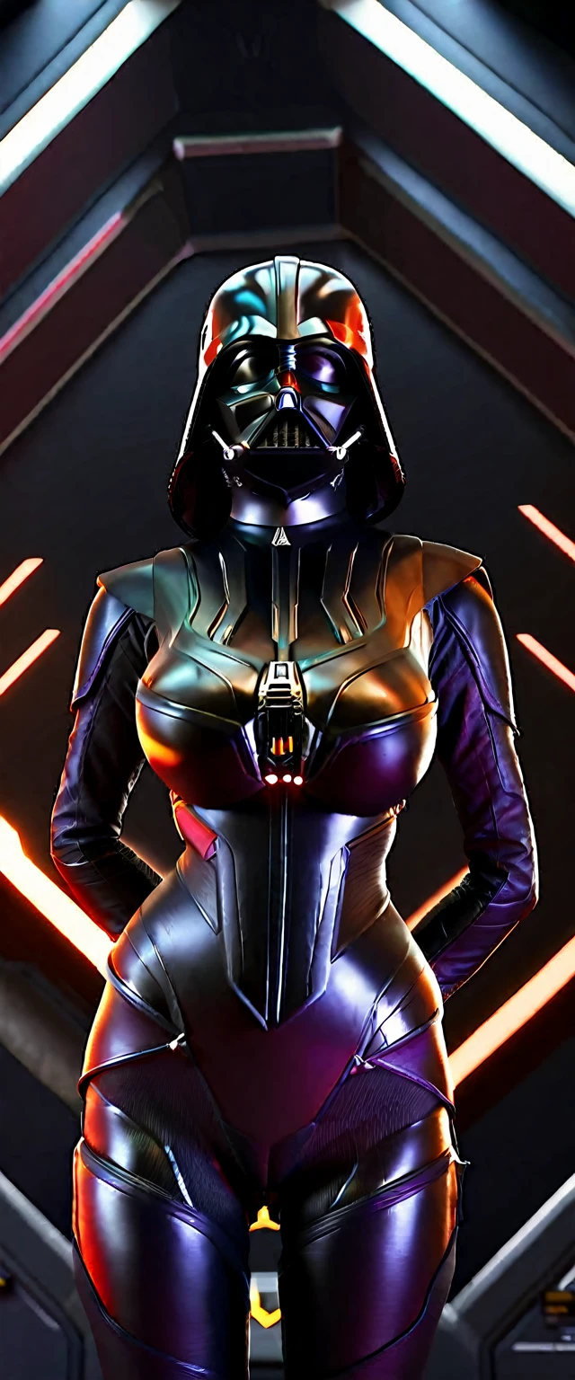 a lovely woman portraying darth vader, tight combat suit, scary helmet, many indicator lights, on a scifi space ship, alluring and deadly, 1girl, hyper detailed, photorealistic, cinematic lighting, dramatic, dark sci-fi, dramatic color scheme, moody, chiaroscuro, digital art