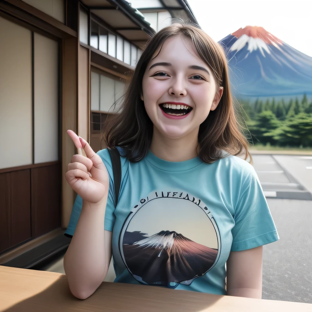8K, realistic, masterpiece ,insanely detailed, absurd, (photogenic:1.3), (1girl, 20yo, round face), (chubby:0.7), (t-shirts),(laugh:1.4), (printed fujisan:1.3), cafe, sun light
