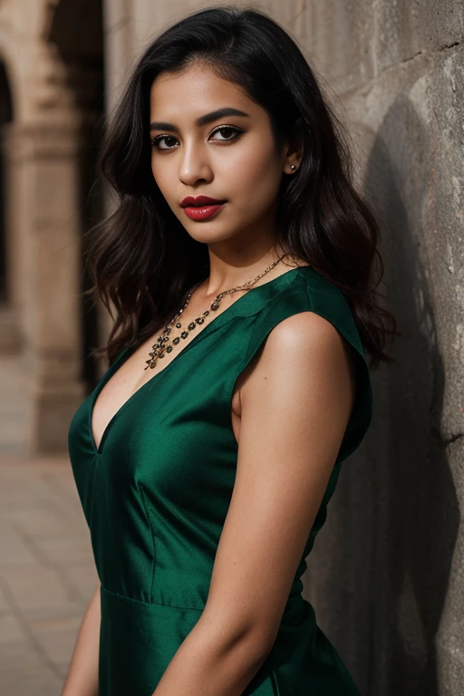 arab, dark skin, woman, medium-small breasts, black hair, green eyes, asian clothing, detailed shadows, HDR, photoreal, photograph, 8k, best quality, , black eyeliner, lipstick, necklace, full body picture, india