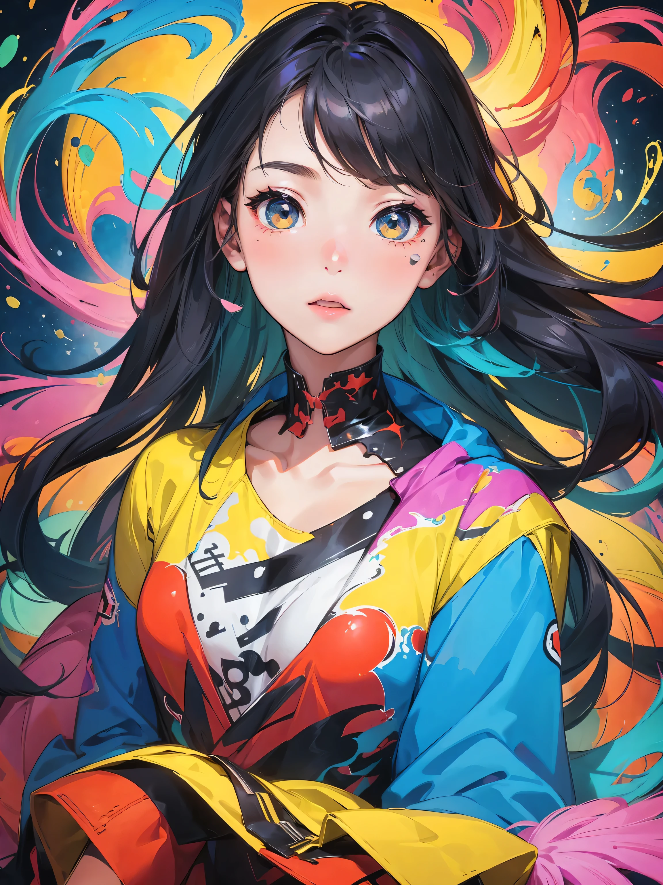 Illustration of a girl surrounded by vitality,Multicolored paint background,Reminiscent of Jackson Pollock's Abstract Expressionism. The girl stands in the center of the composition,Her blond hair flows gracefully. The background color is colorful,Blending and coming together in a burst of energy and creativity. The lights are dynamic,Light and shadow splash in the scene,Add depth and dimension. The atmosphere was warm、joy,The girl's playfulness is reflected in the colorful chaos,