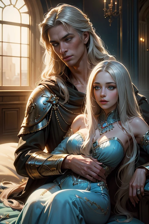 (masterpiece, highest quality, high resolution, 8k, difficulty: 1.2) photorealistic book cover in the genre of epic romantic fantasy, in the center of which a COUPLE (a man and a woman) is depicted. Spring romantic fantasy in the center stands a handsome, tall, statuesque, courageous young man-blond with long white hair, dressed in military uniform and silver armor, he hugs from behind a beautiful, incredibly beautiful young femme fatale with long golden hair, blue eyes, she is a princess, she is sad, proportional, gentle, shimmering, beautiful faces, she does not like him, he is unpleasant to her, daytime bokeh, fairy fairy, mysterious, bright spring color scheme, (Best quality, 8K, high resolution, Masterpiece: 1,2), Ultra-detailed (Realistic, Photorealistic, photorealistic-realistic: 1.37), Artistic design in a creative style, Historical, Classic, refined, many colors, High detail, soft lighting, luxurious furnishings, dress with details, bright flowers, exquisite jewelry, Unearthly atmosphere, Elegant pose, Graceful curves, Golden body proportions, Loose hair, Breathtaking textile patterns, Piercing blue eyes, Delicate floral decor, Dazzling set of crystal accessories, Mysterious and dreamy atmosphere, Impeccable attention to detail.