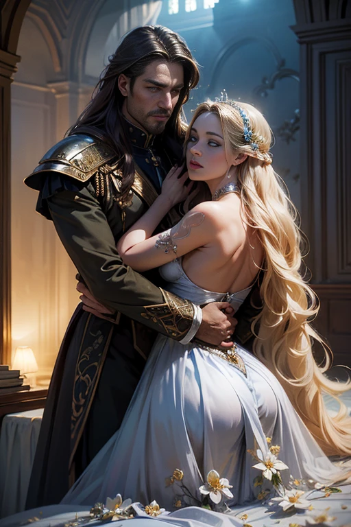 (masterpiece, highest quality, high resolution, 8k, difficulty: 1.2) photorealistic book cover in the genre of epic romantic fantasy, in the center of which a COUPLE (a man and a woman) is depicted. Spring romantic fantasy in the center stands a handsome, tall, statuesque, courageous young man-blond with long white hair, dressed in military uniform and silver armor, he hugs from behind a beautiful, incredibly beautiful young femme fatale with long golden hair, blue eyes, she is a princess, she is sad, proportional, gentle, shimmering, beautiful faces, she does not like him, he is unpleasant to her, daytime bokeh, fairy fairy, mysterious, bright spring color scheme, (Best quality, 8K, high resolution, Masterpiece: 1,2), Ultra-detailed (Realistic, Photorealistic, photorealistic-realistic: 1.37), Artistic design in a creative style, Historical, Classic, refined, many colors, High detail, soft lighting, luxurious furnishings, dress with details, bright flowers, exquisite jewelry, Unearthly atmosphere, Elegant pose, Graceful curves, Golden body proportions, Loose hair, Breathtaking textile patterns, Piercing blue eyes, Delicate floral decor, Dazzling set of crystal accessories, Mysterious and dreamy atmosphere, Impeccable attention to detail.
