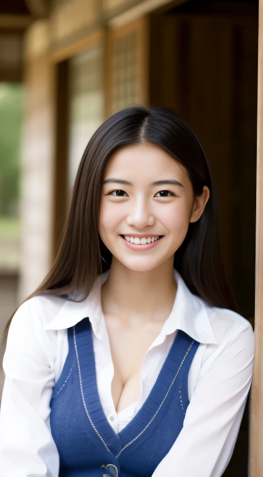 Japanese schoolgirl),((Beautiful girl)),cleavage,the expression imagining what feels good:1.2,(perfect body beauty:1.2),((perfect body)),(shy smile),beautiful teeth,
