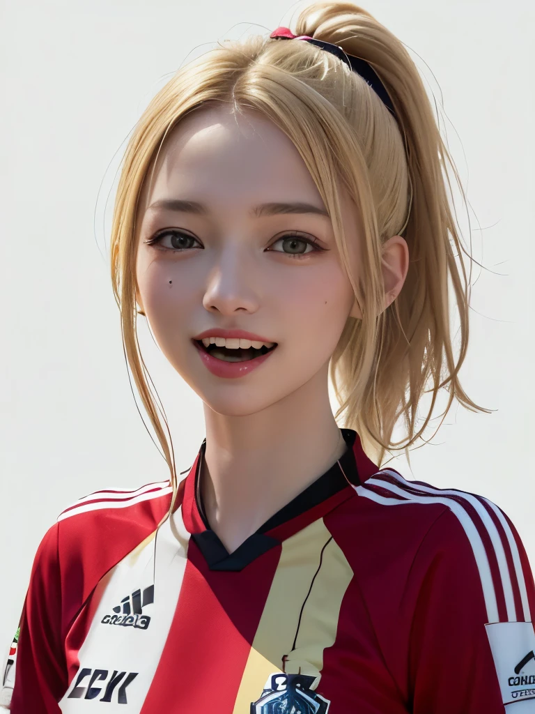 (highest quality、8k、32k、masterpiece)、(Realistic)、(Realistic:1.2)、(High resolution)、Very detailed、Very beautiful face and eyes、1 girl、Round and small face、Tight waist、Delicate body、(close、highest quality、Attention to detail、Rich skin detail)、(highest quality、8k、Oil paints:1.2)、(Realistic、Realistic:1.37)、Bright colors、(((blonde)))、(((Bust Shot)))、(((Medium Hair)))、(((Ponytail Hair)))、(((White wall background)))、(((Mouth open)))、(((Laughter)))、(((blonde)))、(((Soccer uniforms)))、(((青と白のSoccer uniforms)))