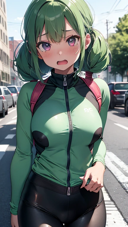 mastute piece,Best Quality,insanely detailed,8k cg,nsfw,
(shoot upper body:1.3),
(1girls:1.3),standing,looking at viewr,body in front,both arms behind back,(Cycling Clothing),(bare breasts)
break,
blush,shy,(trembling:1.2),(Green Hair),Twin tail hair、
break,
perfect breasts,perfect teats,(open mouth:0.9),(large breasts:1.2),
(Paved roads),