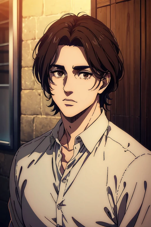 (best quality,4k,8k,highres,masterpiece:1.2),ultra-detailed,(realistic,photorealistic,photo-realistic:1.37), young man , mappa art style,  heart-shaped face,  almond brown eyes , dark brown hair , his hair is medium length well styled , , he looks handsome, he is fair, he looks very young,  sharp jawline, he is wearing grey shirt, vibrant color, 