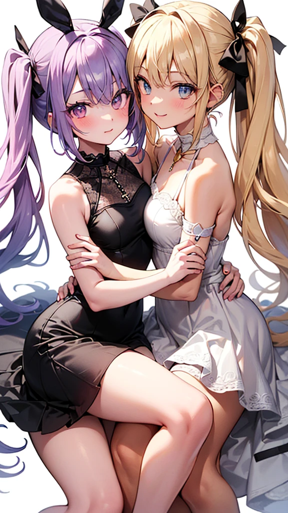 2girls, chibi, , (girl1 is (white hair, twin_tails, gold eyes, dark skin)), (girl2 is (blonde hair, side_ponytail hair, pale skin)),  wedding dress,