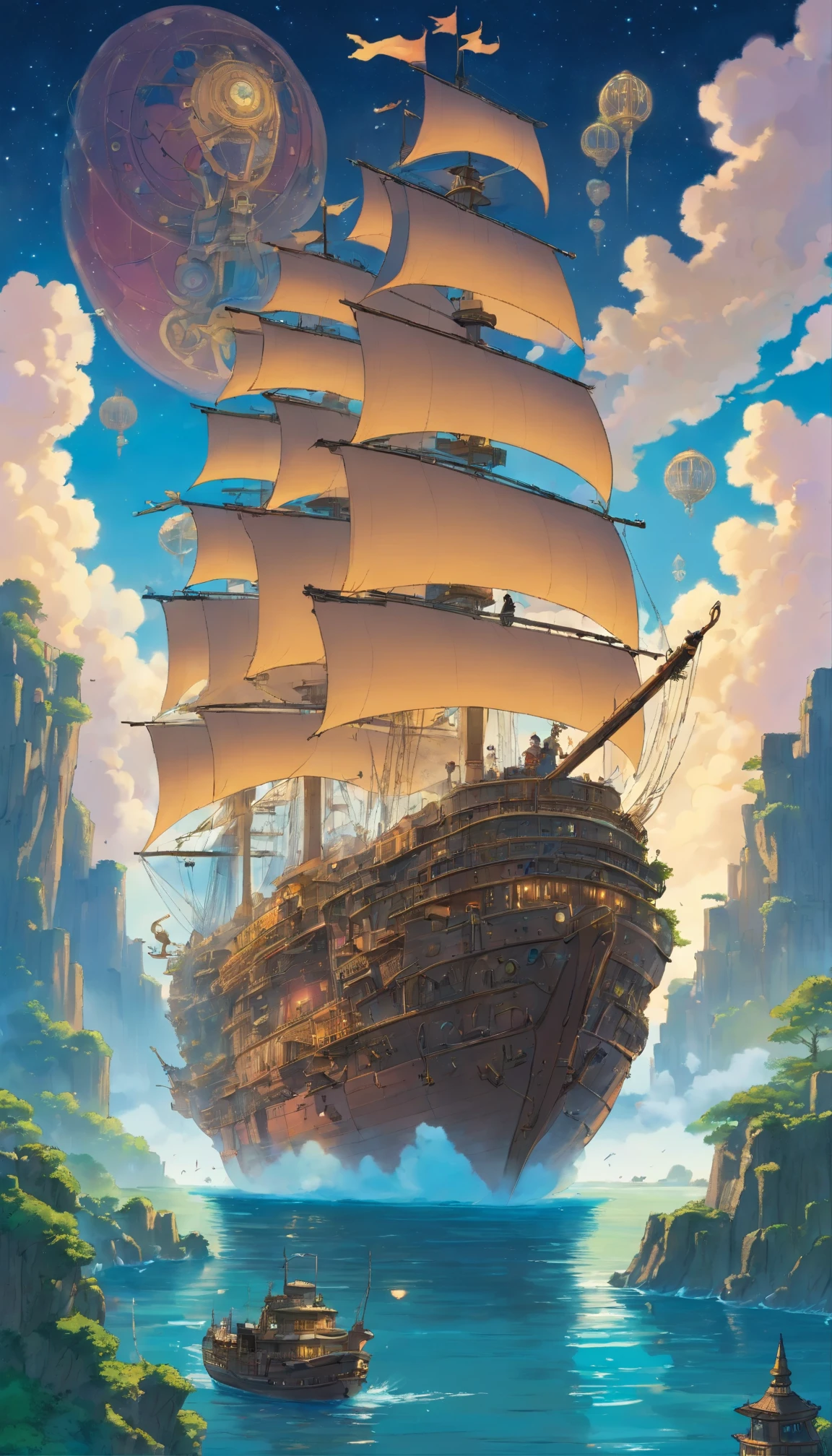 Huge, intricately detailed ships with a touch of old-fashioned charm、An unmistakable work by Moebius Jean-Giraud、worthy of the name「Sky City Ship」。This magnificent, towering, fantastical floating metropolis、It weaves the tale of an ancient civilization lost to time and treasure.。A rich display of Gothic architecture、An encounter with steampunk ingenuity、Inspire a sense of awe as you tread the line between the realms of reality and fantasy。In the sky、Complex gears spinning、Animate the ship&#39;s rigging、Leaves a trail of sparkling stardust as it spins。