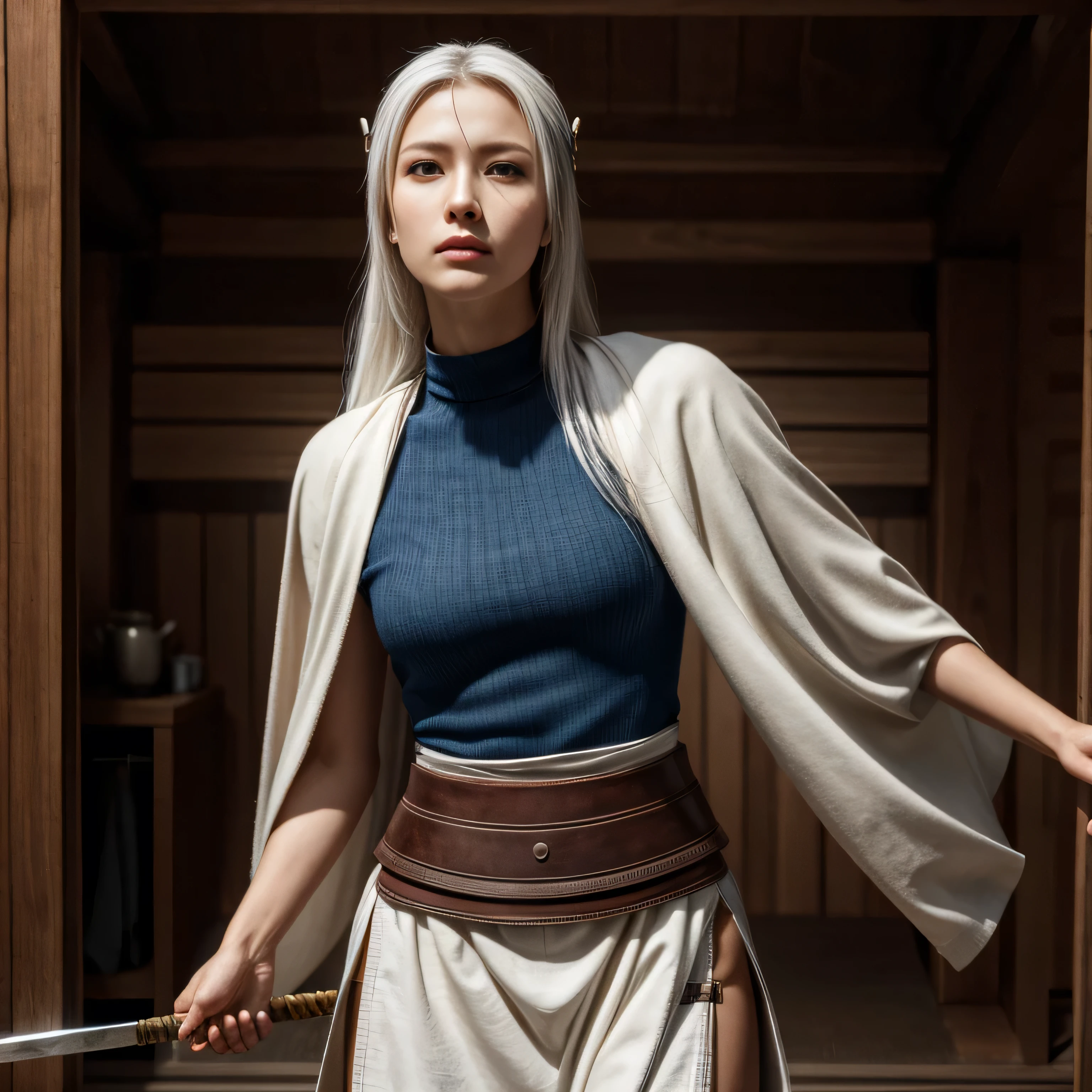 photorealistic, masterpiece, photorealistic, high resolution, soft light, hips up, blue eyes, white hair, long hair, Intricate details EABA, cloaks, spear, Samurai, Armor, warrior, samurai helmet