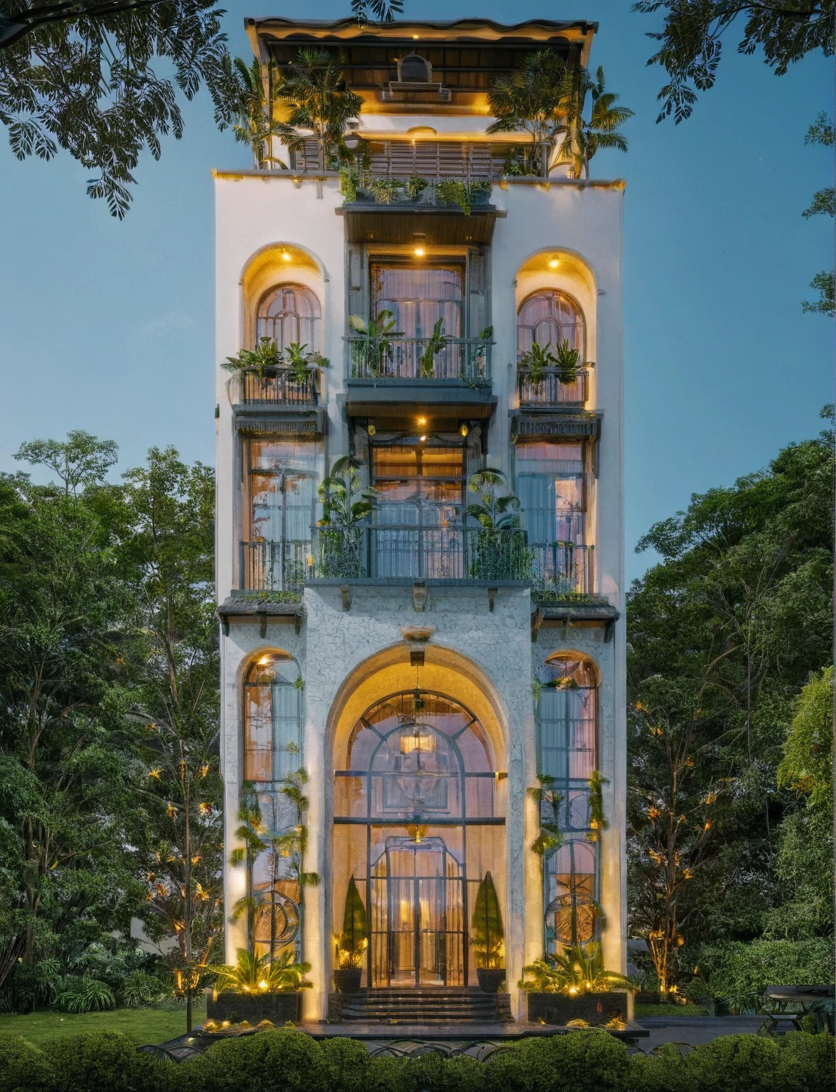 contemporary residence, (plenty of high trees in front of building and surrounding:1.1), greenery landscape with multi of tropical tree, clear sky, sunset time, warm lighting RAW Photo, RAW texture, Super Realistic, 32K UHD, DSLR, soft lighting, high quality, film rating, Fujifilm XT3 