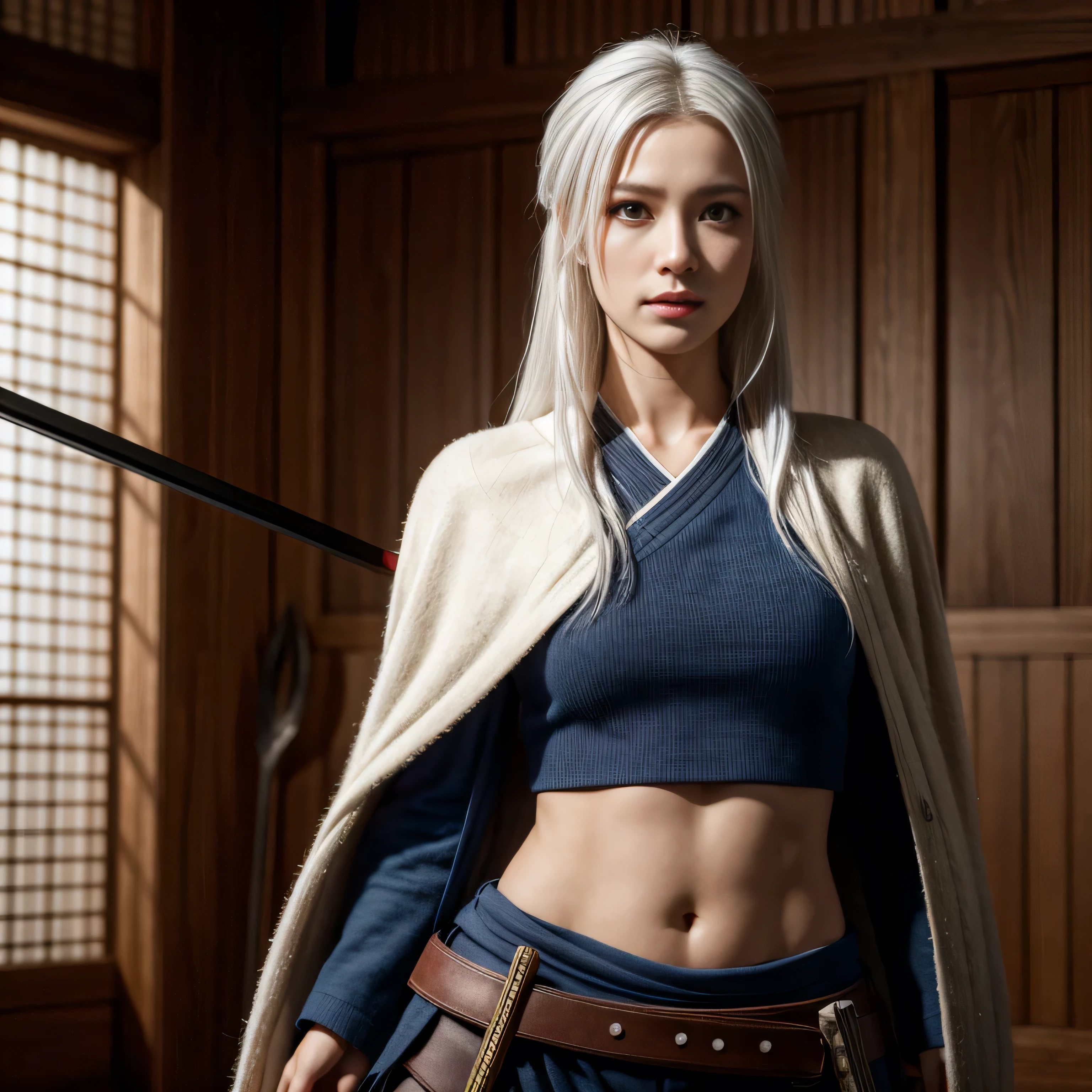 photorealistic, masterpiece, photorealistic, high resolution, soft light, hips up, blue eyes, white hair, long hair, Intricate details EABA, cloaks, spear, Samurai, Armor, warrior, samurai helmet