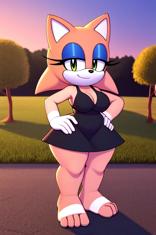 full body, Smiley face Mobian furry, seductive, bare shoulder, little black dress, thicc body, wearing black bikini, beautiful legs, sundown, park background smile, born with a Yellow Smiley face for a head, hand on hip, thick thighs, 2D illustration
