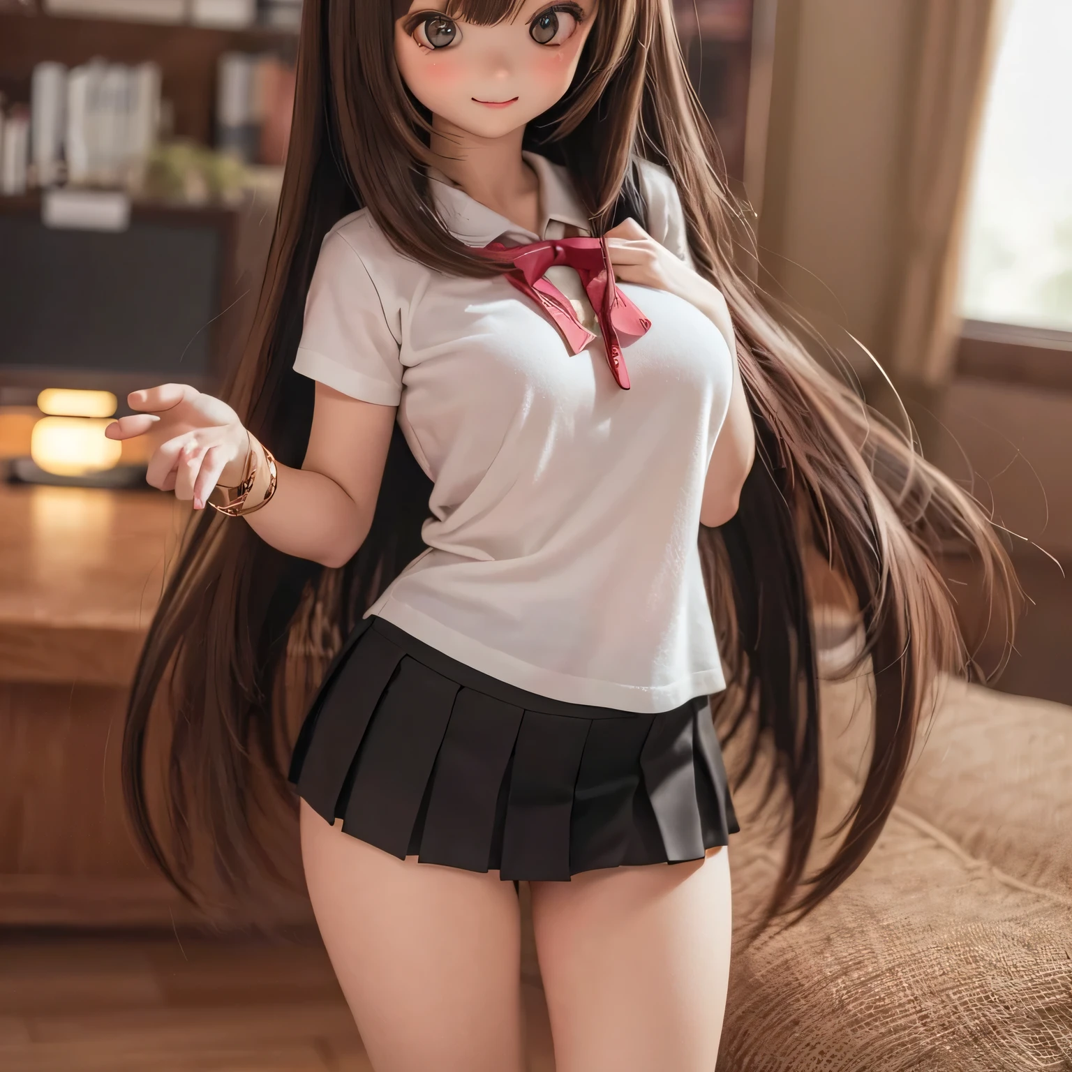 a cute smiling 1girl with long brown hair in a , white t-shirt, short pleated skirt, thighs, big breasts, big butt, standing in a schoolyard, adorable, (best quality,4k,8k,highres,masterpiece:1.2),ultra-detailed,(realistic,photorealistic,photo-realistic:1.37),HD,cinematic lighting,intricate details,school setting,cute,sweet,charming