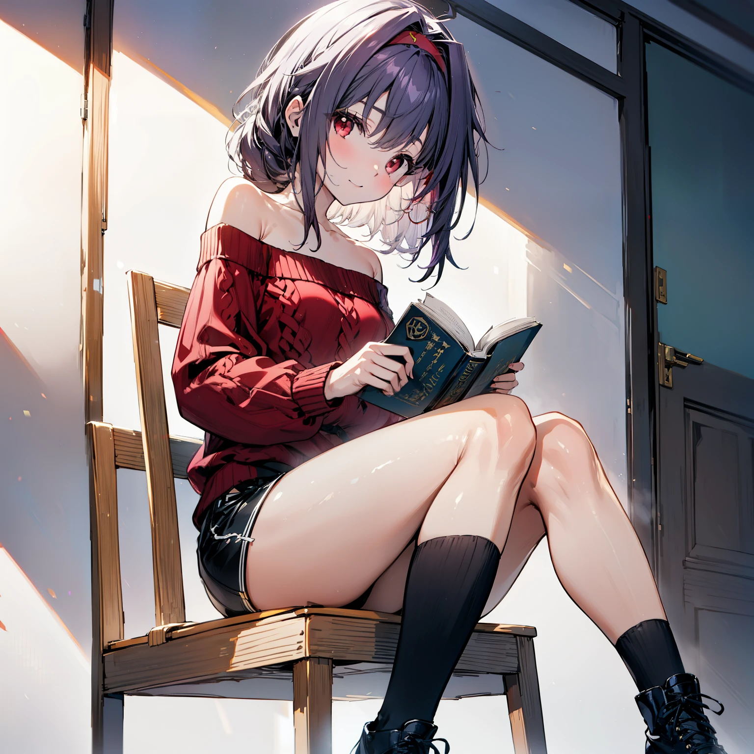 yuukikonno, Konno Yuuki, hair band, Long Hair, Pointed Ears, Purple Hair, (Red eyes:1.5), (Small breasts:1.2), Close your mouth,smile、,Long braids,Black-rimmed glasses,Oversized one-shoulder sweater,Shorts,short boots,sitting in a chair reading a book,
break looking at viewer, whole body,
break indoors, figure書館,
break (masterpiece:1.2), highest quality, High resolution, unity 8k wallpaper, (figure:0.8), (Beautiful fine details:1.6), Highly detailed face, Perfect lighting, Highly detailed CG, (Perfect hands, Perfect Anatomy),