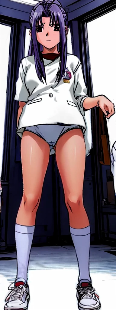 Momoko Koigakubo, a tall girl with beautiful legs, stands in shock and blushing with her legs spread apart in a white gym suit and light navy blue bloomers that look like panties.。Angle from the front。