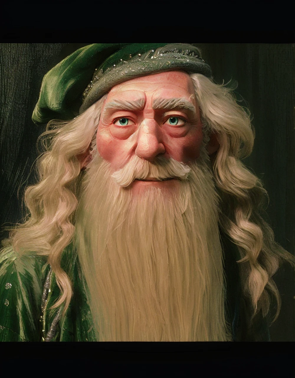 Albus Dumbledore old British Wizard, 116 years old, pink skin, big crooked nose, gray blue eyes, wears long, straight, waist-length silver hair and a long, knee-length silver beard, wears a cone cap and an emerald green velvet tunic with silver prints and, discreet smile, black background
