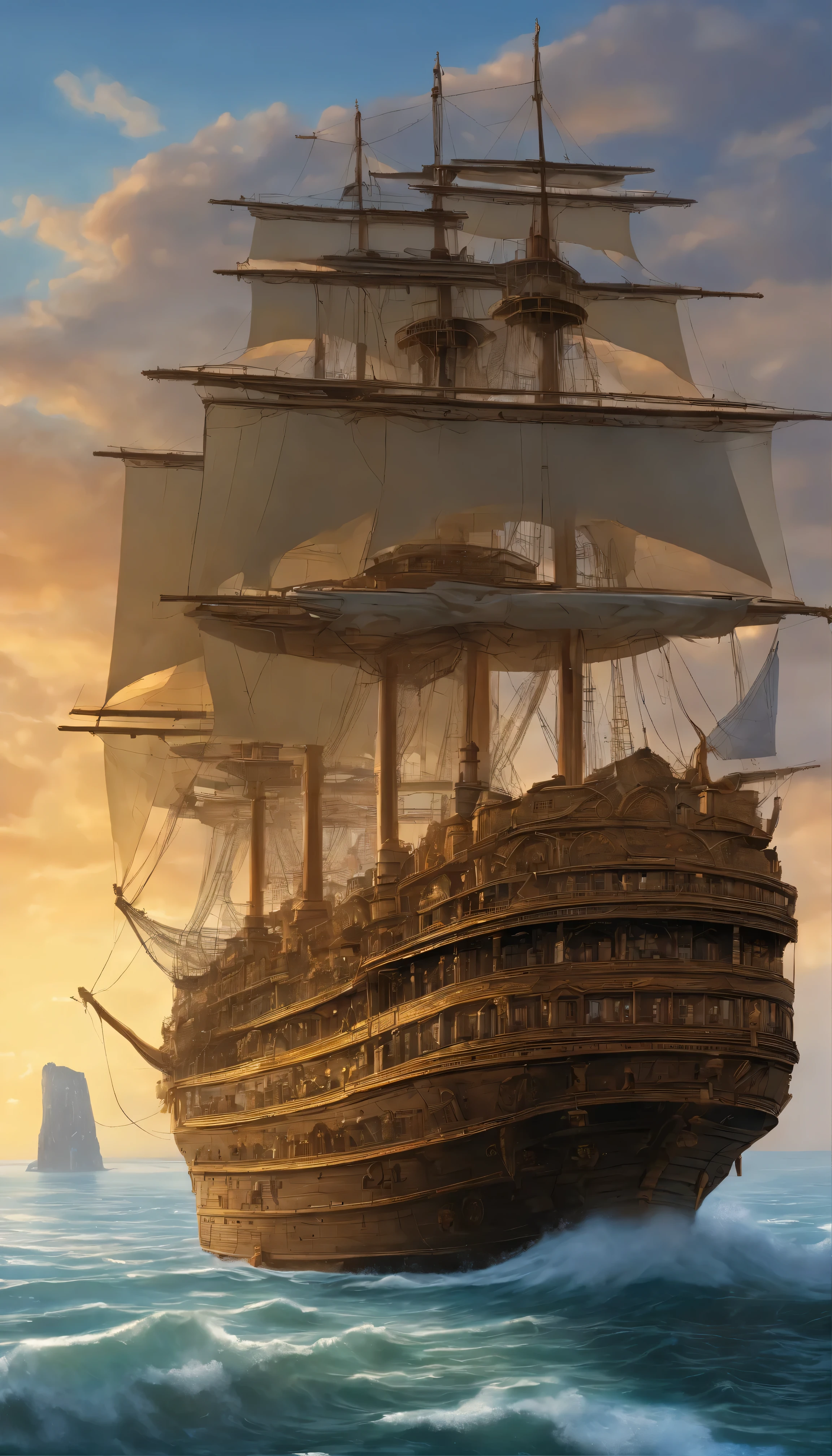 Huge, intricately detailed ships with a touch of old-fashioned charm、An unmistakable work by Moebius Jean-Giraud、worthy of the name「Sky City Ship」。This magnificent, towering, fantastical floating metropolis、It weaves the tale of an ancient civilization lost to time and treasure.。A rich display of Gothic architecture、An encounter with steampunk ingenuity、Inspire a sense of awe as you tread the line between the realms of reality and fantasy。In the sky、Complex gears spinning、Animate the ship's rigging、Leaves a trail of sparkling stardust as it spins。