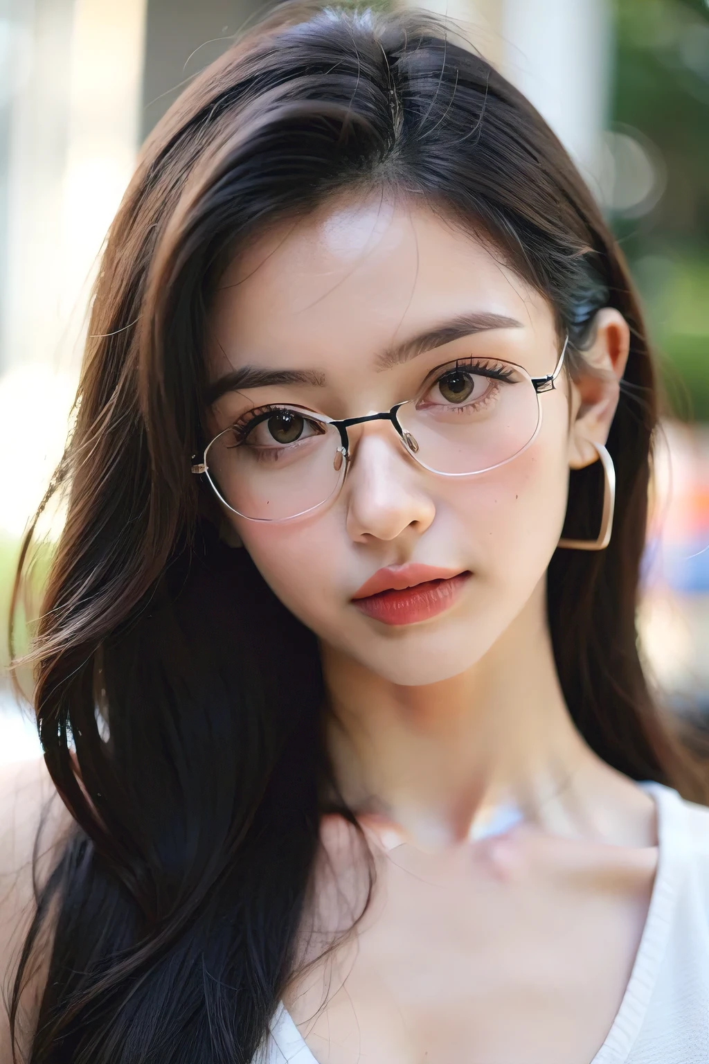 ((melhor qualidade)), ((Obra de arte)), (detalhado), rosto perfeito, realista, 1garota caucasiana, cabelo preto, hanging, olhos roxos, olhos brilhantes, transparent glasses, saia, parted lips, corar, noite, flores, sol, sollight,
