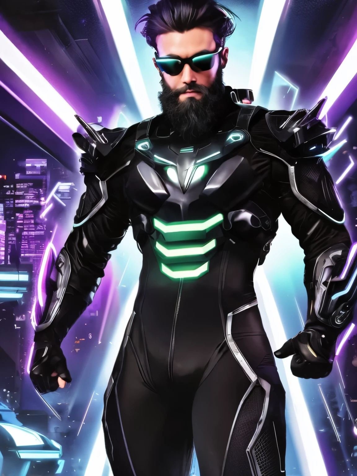 Glasses, beard, cyber punk, bodysuit, Plug Suit, Futuristic costume, Comics/In graphic novel style、Please describe the moment when a male model in a tight combat suit is sprinting.。Use strong contrast and contour lines、Emphasizes dynamic movement。The background features glowing neon lights of a futuristic city。