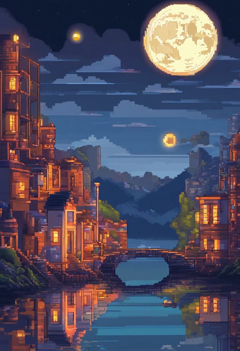 Ultra-high definition viewing camera , Not enough , river, Soft Light , moon, night, boy , artwork , masterpiece, Game View, Pixel Perfect