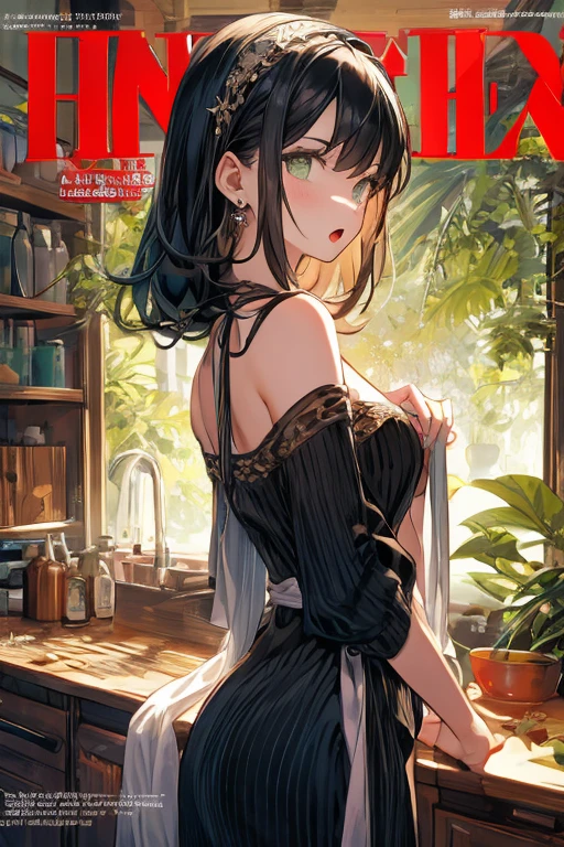 (small breasts:1.3), (perky chest:1.1), (pointed chest:1.0), (fashion magazine cover:1.3),(from below:1.0),(from side:0.9),masterpiece, 1girl, Amazing Cleavage:1.1, thin waist, big ass, Raised sexy, small breast: 1.3, posed cleavage:1.2、solo, looking at viewer, open mouth, have a cute grass of cute beergrass,black hair, dark green eyes, dress, bare shoulders, jewelry, collarbone, sidelocks, hairband, earrings, indoors, off shoulder, :o, sweater, arms behind back, plant, short hair with long locks, gild hairband, off-shoulder dress, sweater dress, off-shoulder sweater, red sweater, dark gord hair, big side hair, very long side hair,is rendered in (masterpiece: 1.2, best quality), with (ultra high resolution) and an exquisite (depth of field). This masterpiece is not only visually stunning but also tells,A scene of cooking in the kitchen by classroom