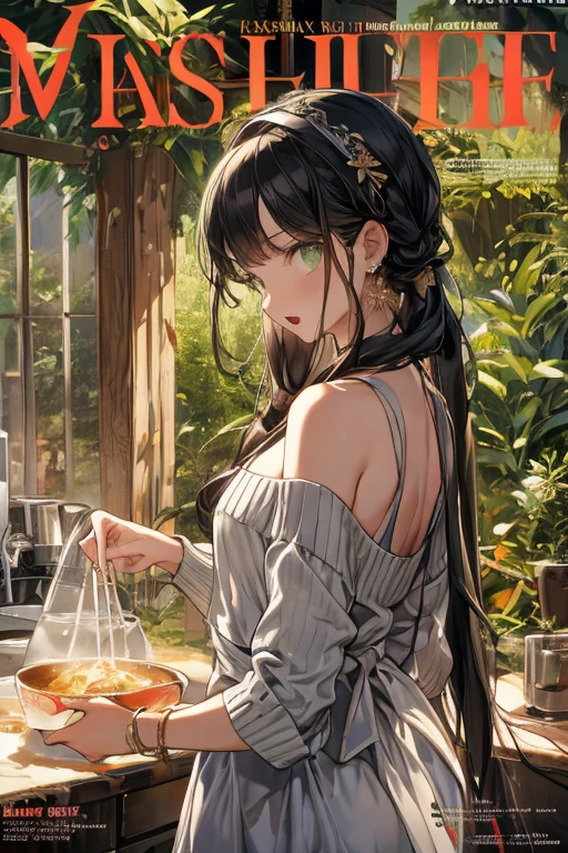 (small breasts:1.3), (perky chest:1.1), (pointed chest:1.0), (fashion magazine cover:1.3),(from below:1.0),(from side:0.9),masterpiece, 1girl, Amazing Cleavage:1.1, thin waist, big ass, Raised sexy, small breast: 1.3, posed cleavage:1.2、solo, looking at viewer, open mouth, have a cute grass of cute beergrass,black hair, dark green eyes, dress, bare shoulders, jewelry, collarbone, sidelocks, hairband, earrings, indoors, off shoulder, :o, sweater, arms behind back, plant, short hair with long locks, gild hairband, off-shoulder dress, sweater dress, off-shoulder sweater, red sweater, dark gord hair, big side hair, very long side hair,is rendered in (masterpiece: 1.2, best quality), with (ultra high resolution) and an exquisite (depth of field). This masterpiece is not only visually stunning but also tells,A scene of cooking in the kitchen by classroom