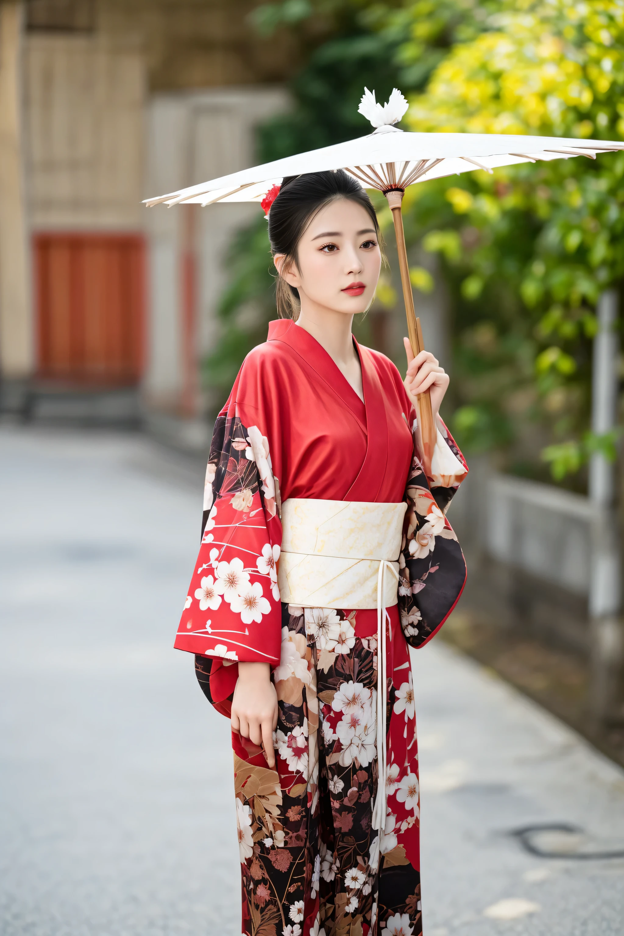 araffe dressed in a kimono with an umbrella on a sidewalk, wearing kimono, wearing a kimono, in kimono, japanese woman, traditional japanese, japanese kimono, elegant japanese woman, red kimono, kimono, red kimono with flower patterns, japaneese style, traditional geisha clothing, japanese clothes, wearing a haori, classic kimono, yukata clothing