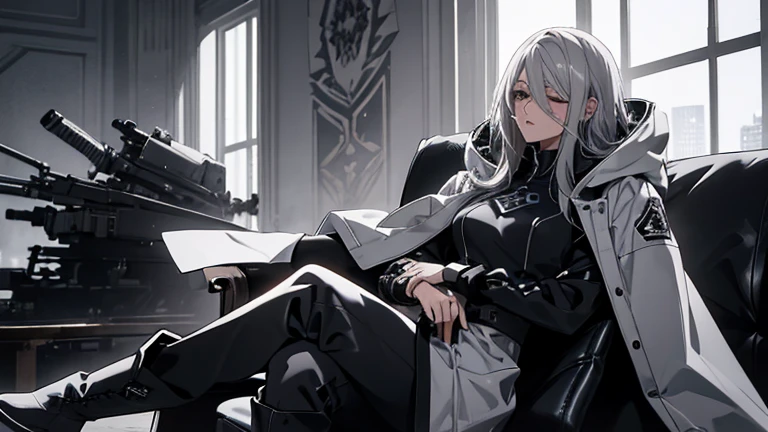 (Confused, High resolution, Very detailed), 1 female, Silver Hair,Long Hair,black pilot suit,white hooded coat,Black Pants,Knee-high boots,24th generation,beauty,mature,thin,quiet,Calm,Sleeping,Sitting cross-legged,conference room,sofa