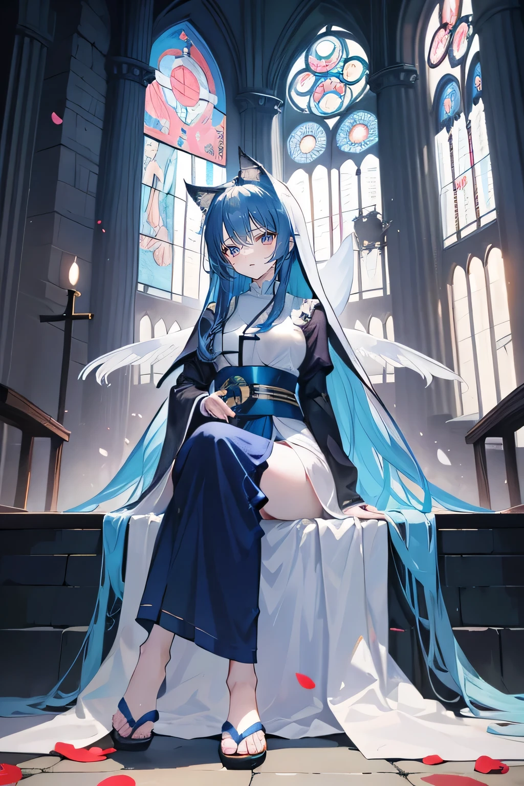 (masterpiece:1.2),Extremely detailed,Practical,expressive eyes,Fair skin,Perfect face shaping,1 Girl,
Japanese cartoons,Gorgeous blue hair, the long flowing blue hair,Floating clothes,Cat ears,Petals fall,beautiful lola,Young Angel,
Place your hands on your waist,sit elegantly on the ground,Cross your legs,Gentle and peaceful background,church,Nun's Clothes,back view,lie on the water.