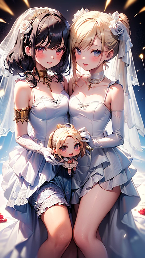 (masterpiece:1.5), (ultra-detailed), 8K, (High resolution), (best quality), (High quality), (depth of field),
perfect anatomy,
((2girls:1.5)), ((chibi:1.6)), ((li)), (girl1:(white hair, twin_tails, gold eyes, dark skin)), (girl2:(blonde hair, side_ponytail hair, pale skin)), (pale pink lip), (fuller lips), (glossy lips),
(European palace), (wedding_dress:1.6), (bare shoulder:1.4), (lace trimmed), (embroidery),(lot of ruffles:1.2), (cascaded ruffles:2), (white long_gloves), (wedding veil), (holding white_rose bouquet:1.6), (light smile),
(fancy atmosphere:1.3), (light particles:1.6),