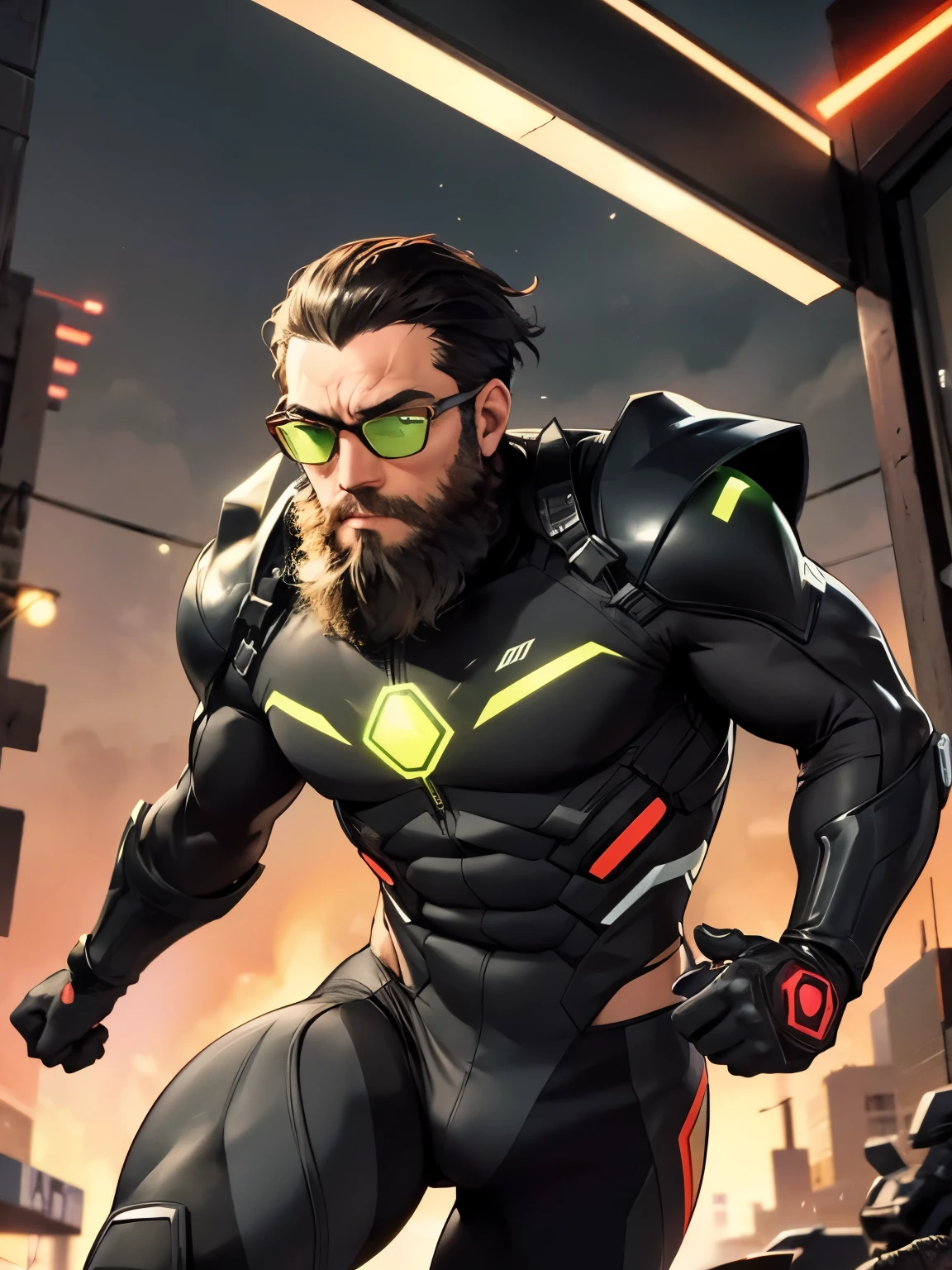 Glasses, beard, Comics/In graphic novel style、Please describe the moment when a male model in a tight combat suit is sprinting.。Use strong contrast and contour lines、Emphasizes dynamic movement。The background features glowing neon lights of a futuristic city。