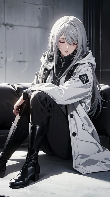 (Confused, High resolution, Very detailed), 1 female, Silver Hair,Long Hair,Black and white pilot suit,white hooded coat,Black Pants,Knee-high boots,24th generation,beauty,mature,thin,quiet,Calm,Sleeping,Sitting cross-legged,conference room,sofa