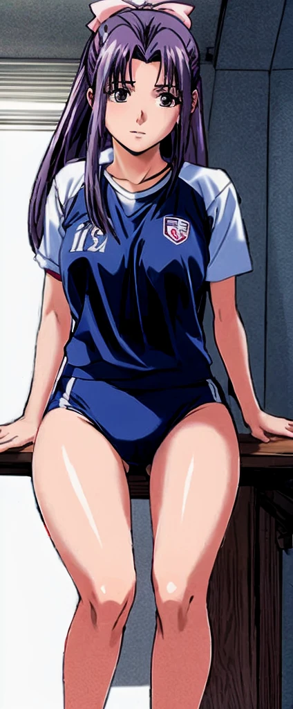 Momoko Koigakubo, a tall girl with beautiful legs, sits with her legs spread to the side in a white gym uniform and light navy blue bloomers that look like panties.。Angle from below。