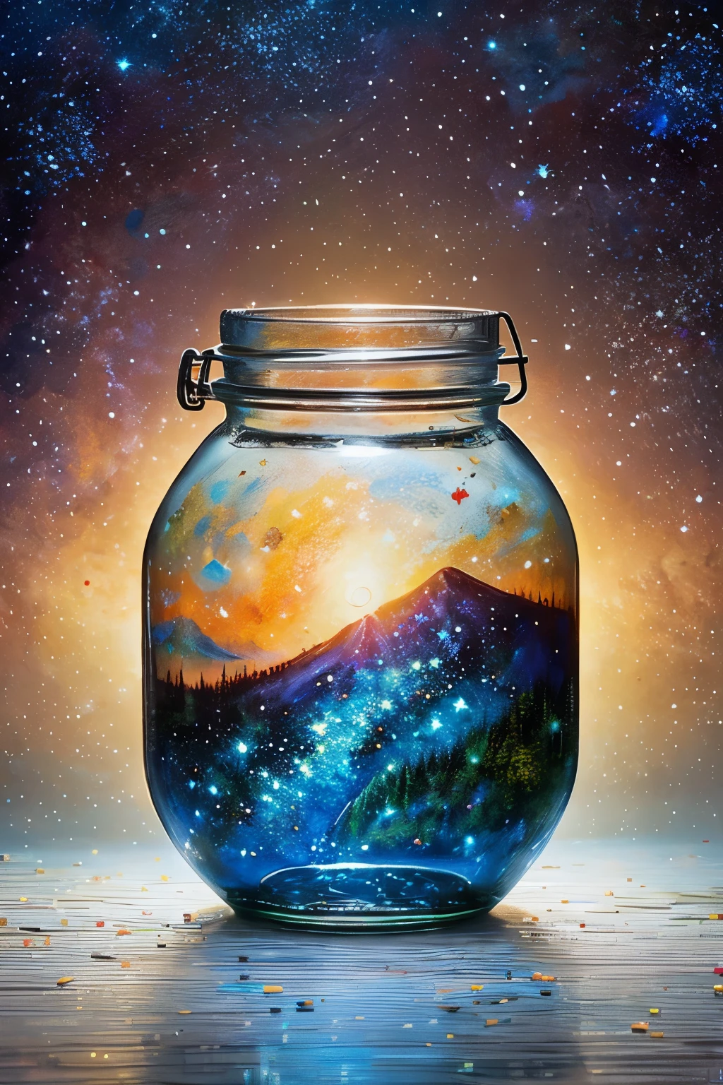 masterpiece、top-quality、(Very delicate and beautiful starry sky landscape trapped in a jar)、world masterpiece theater、high-resolutionisometric、top-quality、illustratio、Impasto、canvas、an oil painting、realism、realisitic