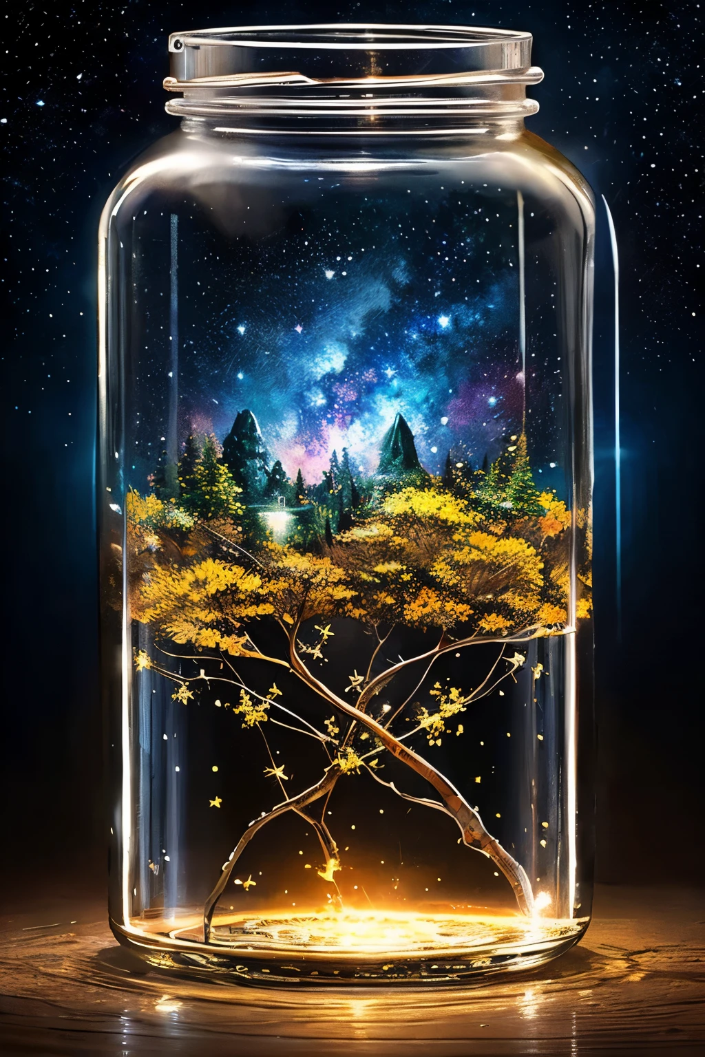 masterpiece、top-quality、(Very delicate and beautiful starry sky landscape trapped in a jar)、world masterpiece theater、high-resolutionisometric、top-quality、illustratio、Impasto、canvas、an oil painting、realism、realisitic