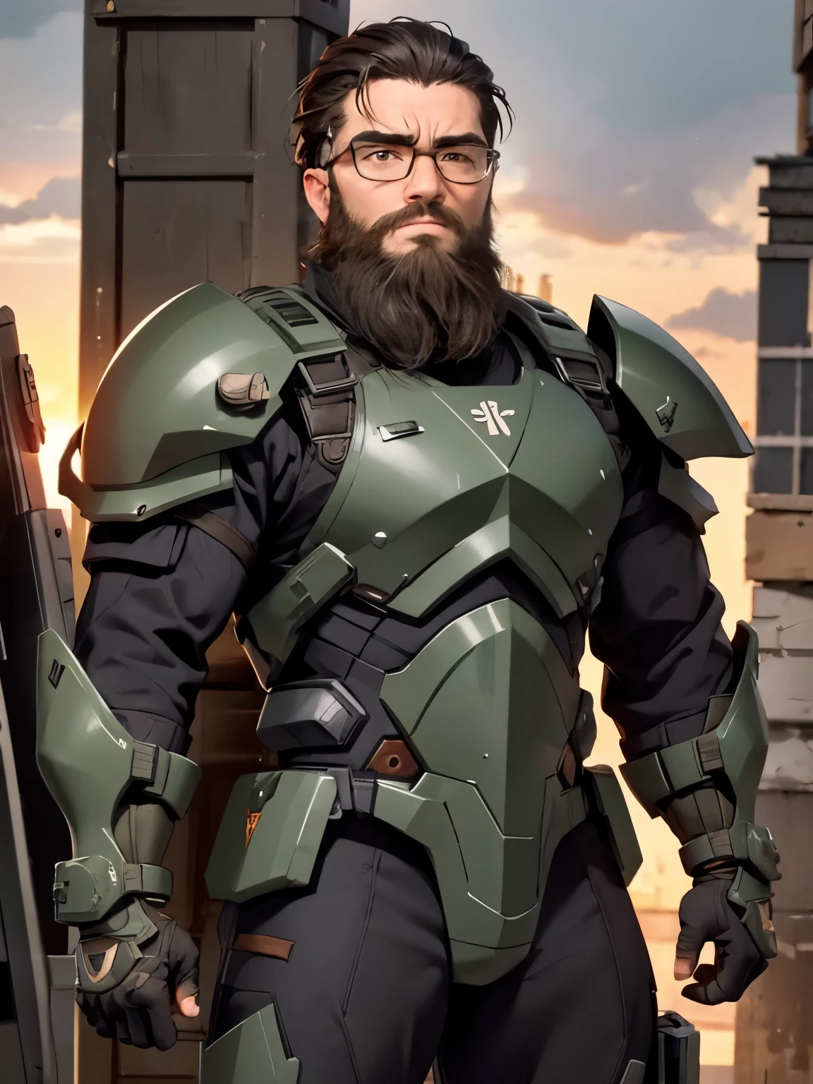 Glasses, beard, Battle Suit, In a heroic pose、A male model in tight combat gear stands on a platform、Gazing into the distance。The sunset spreads in the background、The silhouette stands out dramatically。In the style of realism、Please realistically depict the details and textures of the combat uniforms.。