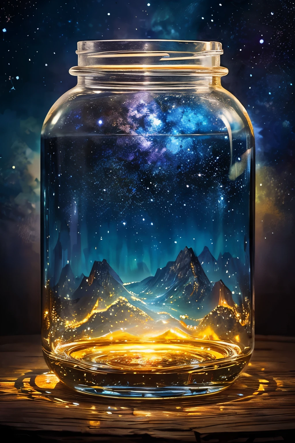 masterpiece、top-quality、(Very delicate and beautiful starry sky landscape trapped in a jar)、world masterpiece theater、high-resolutionisometric、top-quality、illustratio、Impasto、canvas、an oil painting、realism、realisitic
